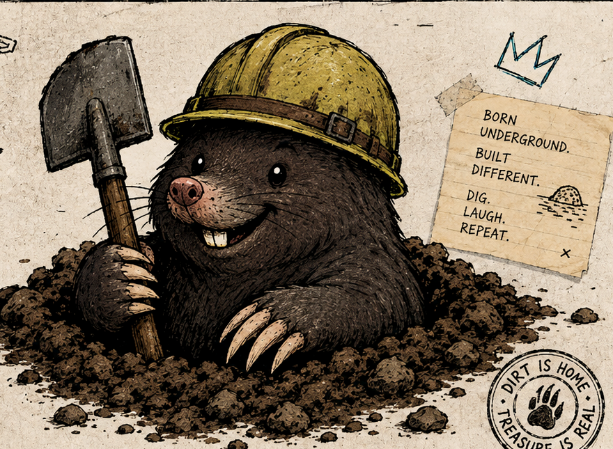 Hand-drawn mole in a miner helmet holding a shovel